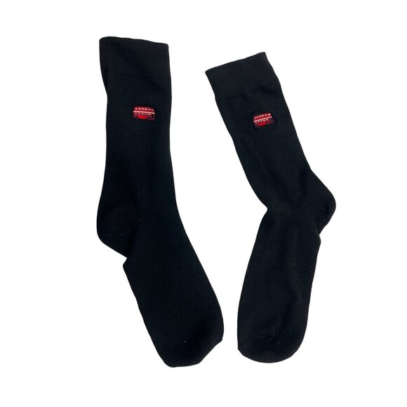 Black Crew Socks With Red Bus Design Embroidery 56i - Picture 1 of 5
